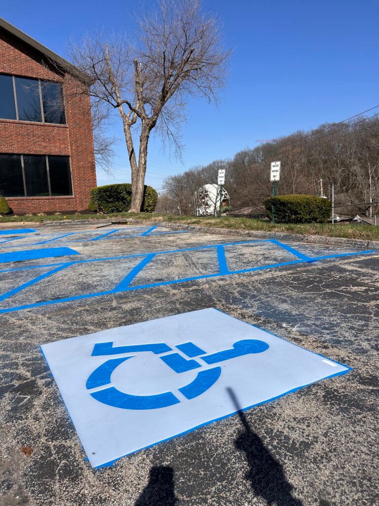 4800 Lamar Ave, Mission, KS 66202 - We completed this work, the owner needed their parking lot restriped and they also needed more handicap stalls installed for the size of their lot to be compliant.