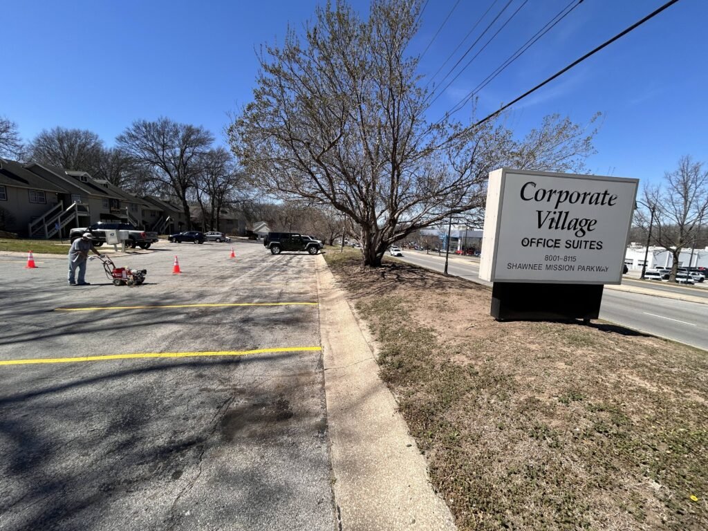 This is a picture of our team doing a restripe at 8000 Shawnee Mission Parkway, Merriam KS 66202