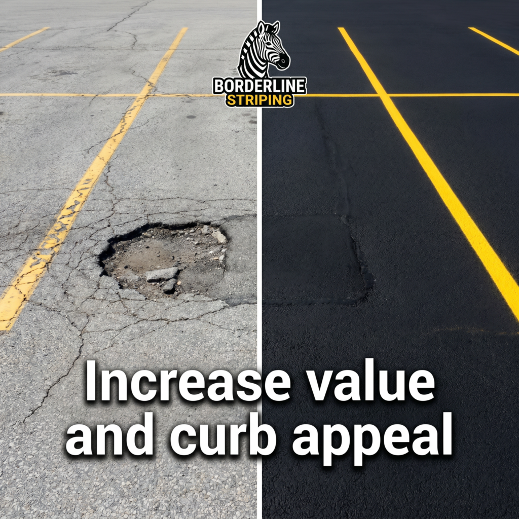 This is a picture depicting a before and after of a pothole repair and what it could look like if you work with borderline striping.