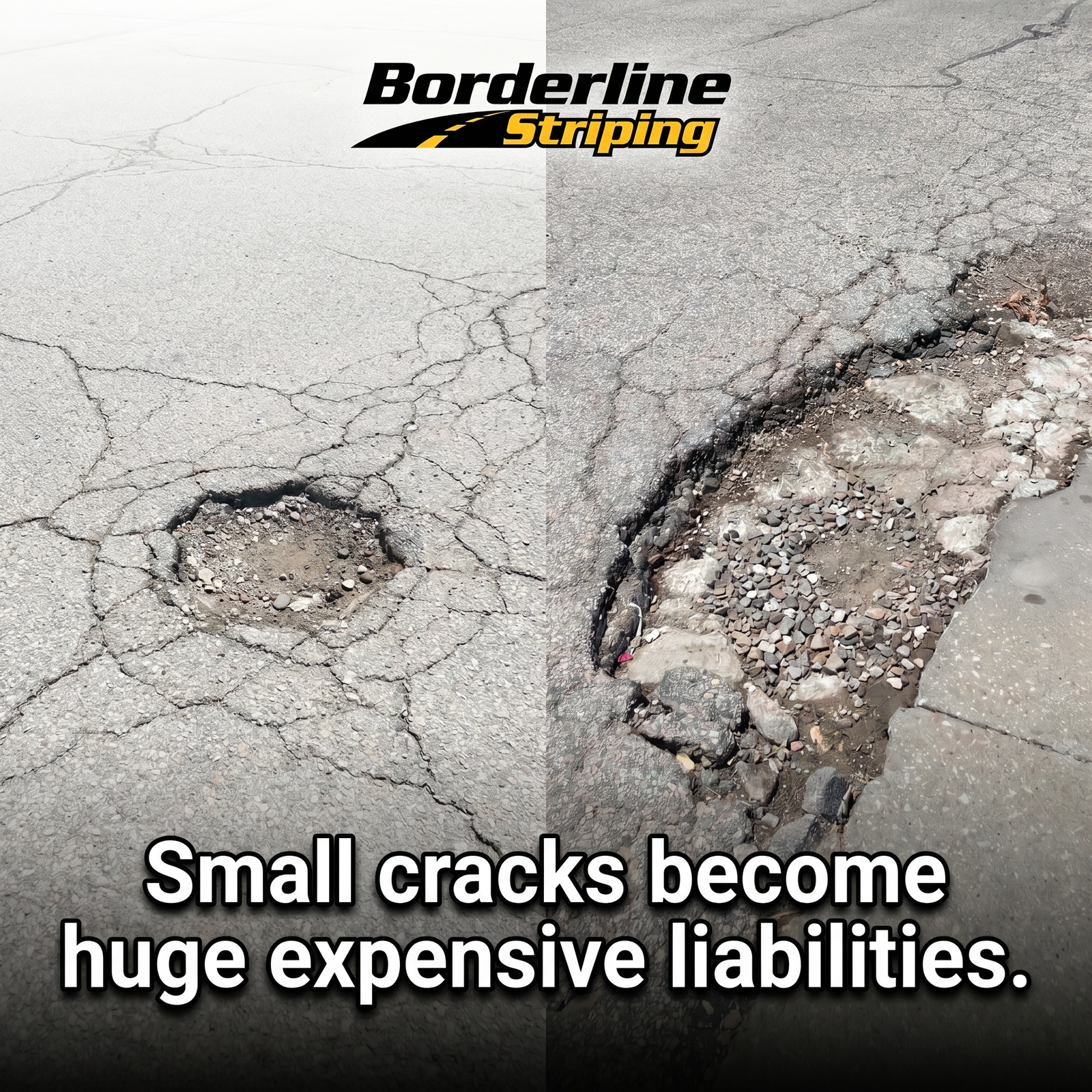 This is the progression of a pothole fill from left to right and has Borderline Striping Branding.